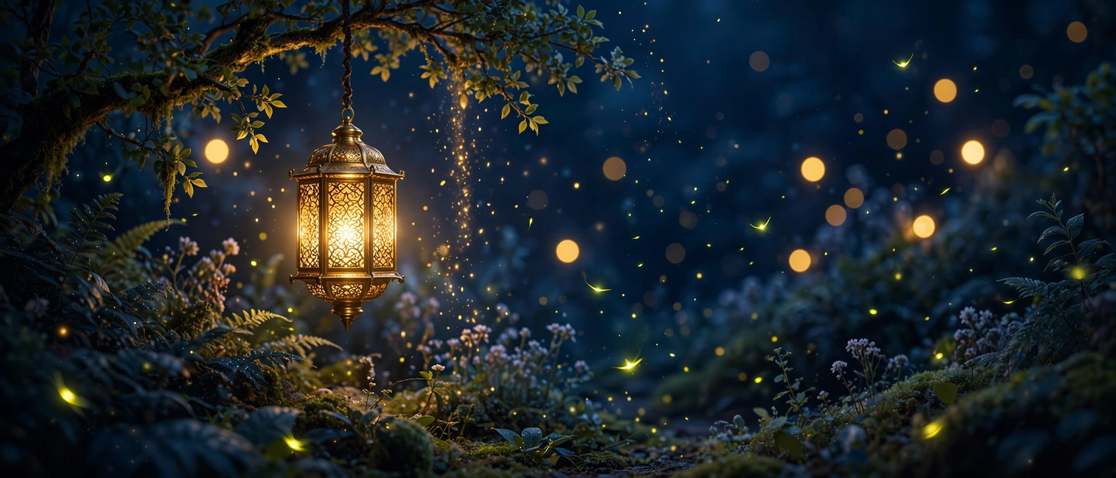 A glowing golden lantern lighting a navy night garden